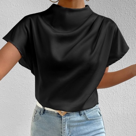 . Tops - Black Casual Womens Mock Neck Batwing Sleeve Satin Blouse